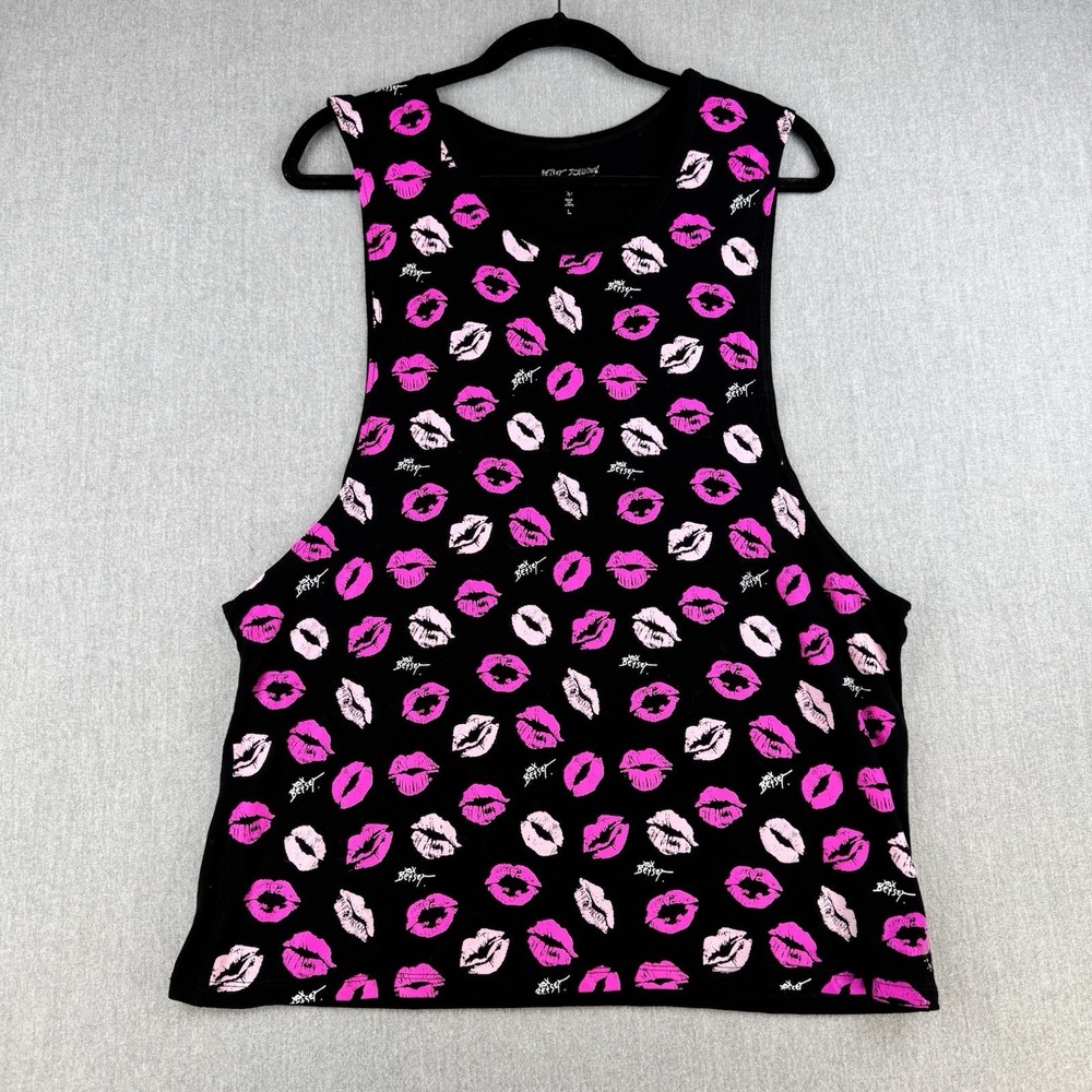 Betsey Johnson Tank Top Women's Large Black Pink Lips Graphic Sleeveless Gym